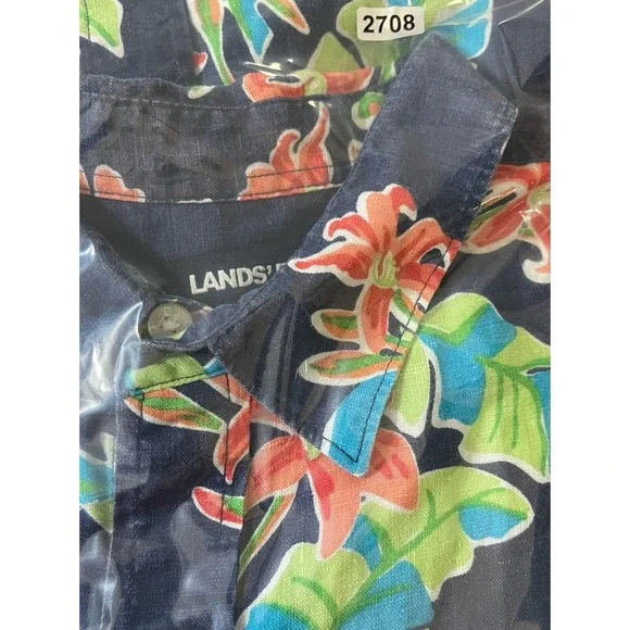 Lands End Hawaiian Shirt Mens Size Medium Linen Floral Colorful Resort - Picture 7 of 7